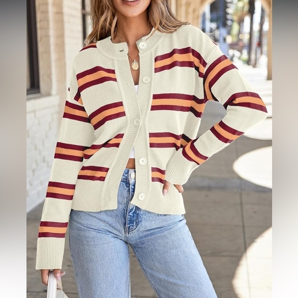 EVALESS Women's Striped Cardigan Sweaters Trendy Lightweight Cropped Casual XL - Picture 3 of 5
